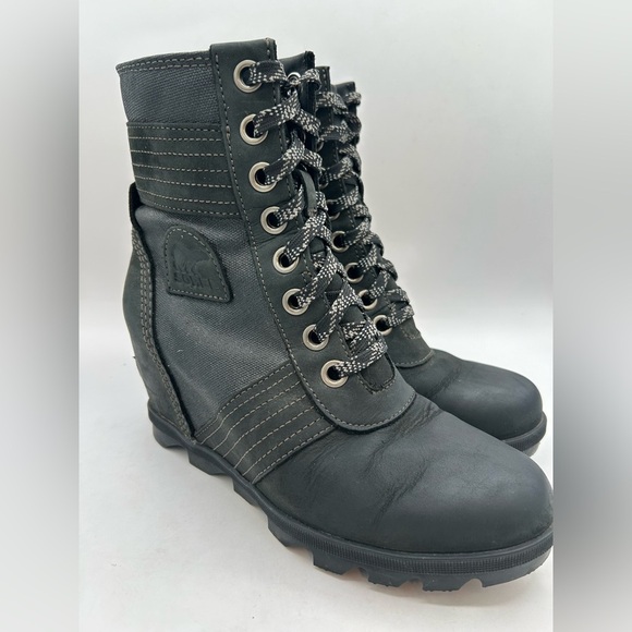 Sorel Lexie Wedge Lace Up Waterproof Leather Boot Bootie black size 8 - Picture 3 of 8